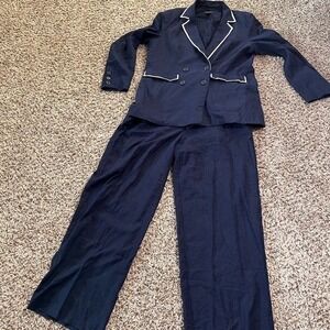 Halogen Navy Blue Linen Pantsuit with White‎ Trim| Jacket 1X | Pants 12